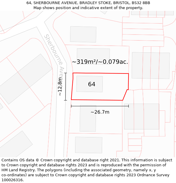 64, SHERBOURNE AVENUE, BRADLEY STOKE, BRISTOL, BS32 8BB: Plot and title map