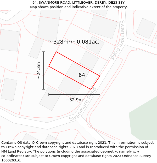 64, SWANMORE ROAD, LITTLEOVER, DERBY, DE23 3SY: Plot and title map