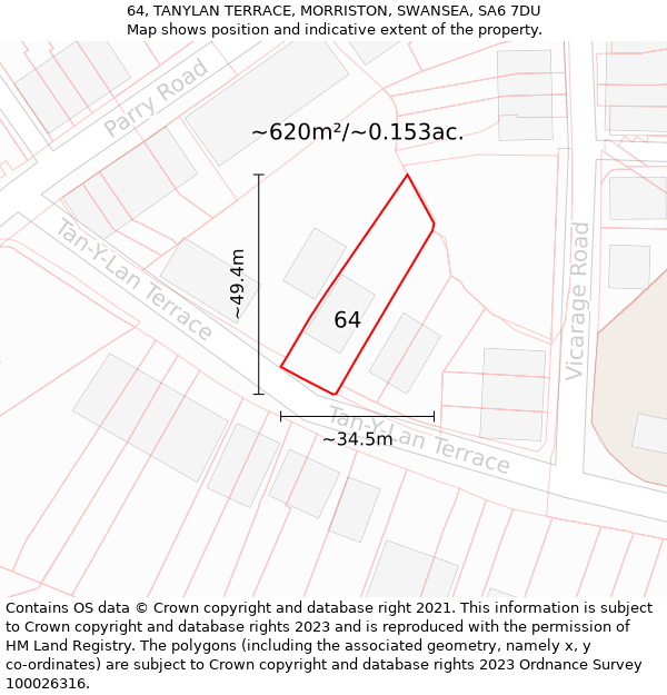 64, TANYLAN TERRACE, MORRISTON, SWANSEA, SA6 7DU: Plot and title map