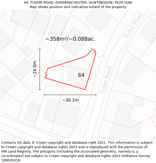 64, TUDOR ROAD, GODMANCHESTER, HUNTINGDON, PE29 2DW: Plot and title map