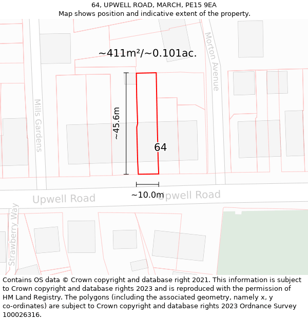 64, UPWELL ROAD, MARCH, PE15 9EA: Plot and title map