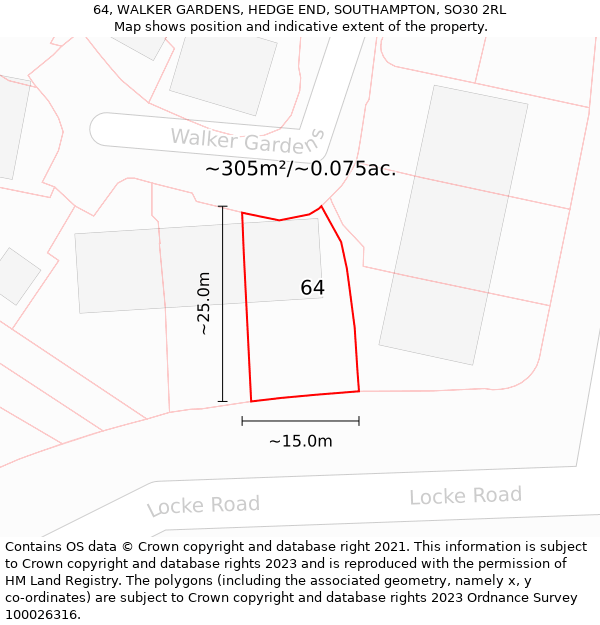 64, WALKER GARDENS, HEDGE END, SOUTHAMPTON, SO30 2RL: Plot and title map