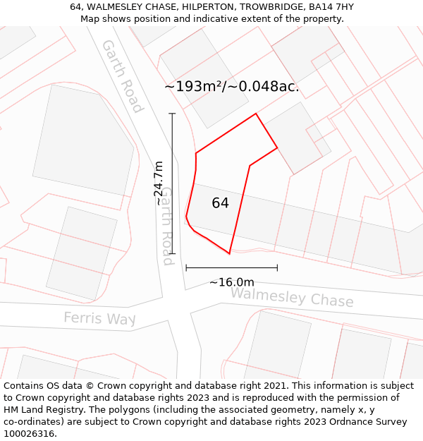 64, WALMESLEY CHASE, HILPERTON, TROWBRIDGE, BA14 7HY: Plot and title map