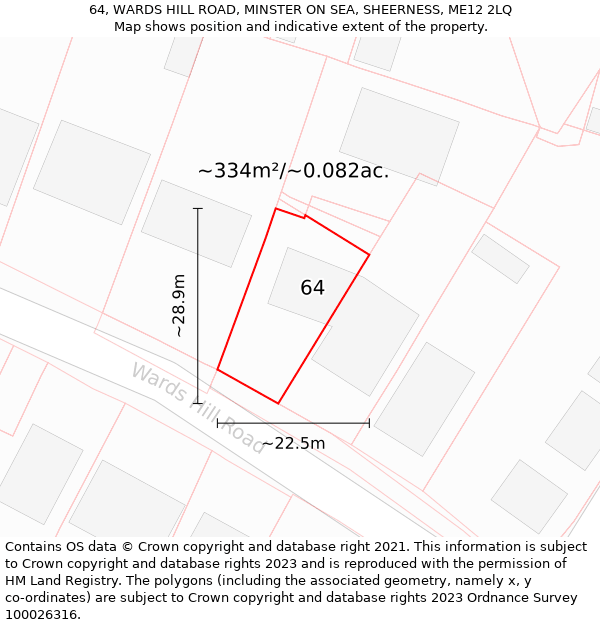 64, WARDS HILL ROAD, MINSTER ON SEA, SHEERNESS, ME12 2LQ: Plot and title map