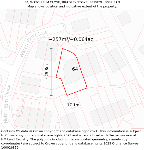 64, WATCH ELM CLOSE, BRADLEY STOKE, BRISTOL, BS32 8AN: Plot and title map