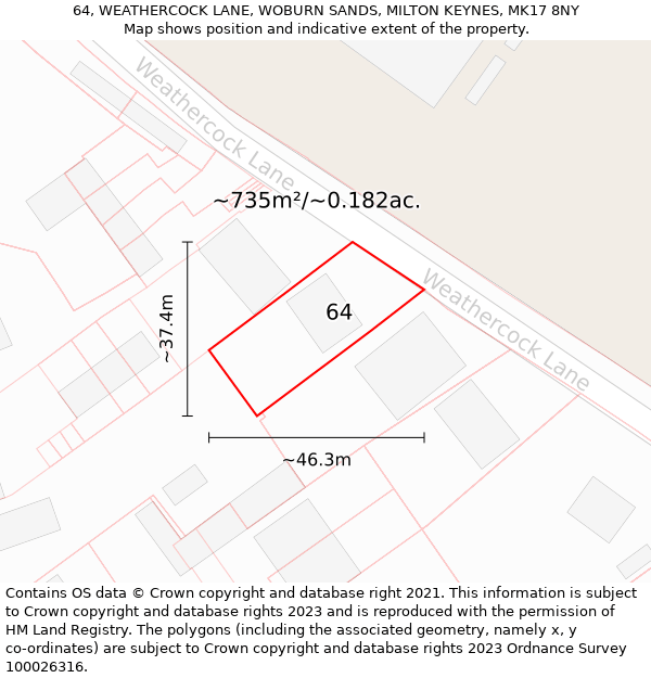 64, WEATHERCOCK LANE, WOBURN SANDS, MILTON KEYNES, MK17 8NY: Plot and title map