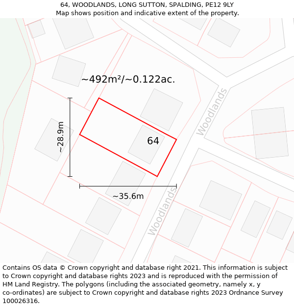 64, WOODLANDS, LONG SUTTON, SPALDING, PE12 9LY: Plot and title map