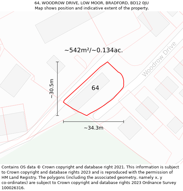 64, WOODROW DRIVE, LOW MOOR, BRADFORD, BD12 0JU: Plot and title map