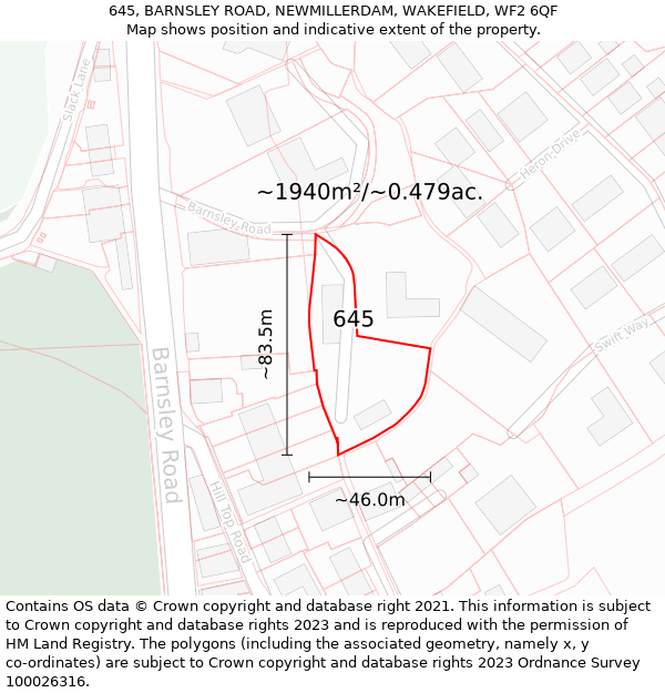 645, BARNSLEY ROAD, NEWMILLERDAM, WAKEFIELD, WF2 6QF: Plot and title map