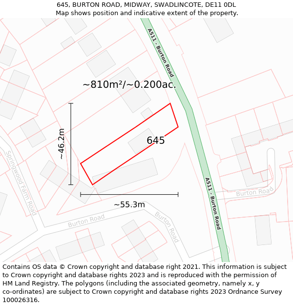 645, BURTON ROAD, MIDWAY, SWADLINCOTE, DE11 0DL: Plot and title map