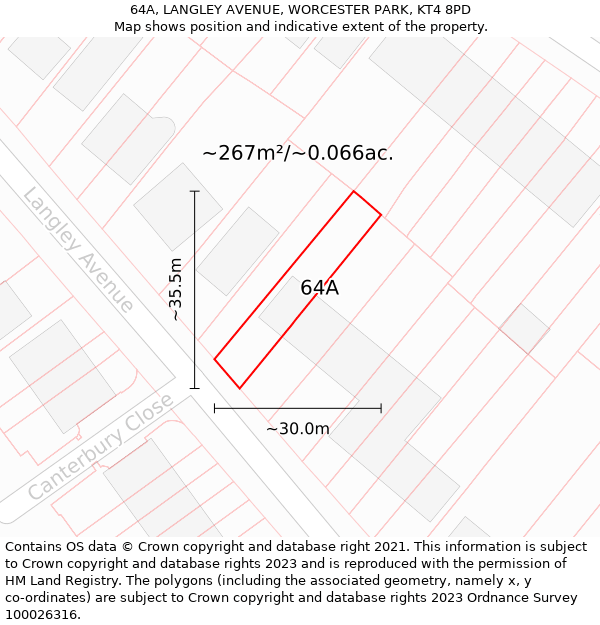 64A, LANGLEY AVENUE, WORCESTER PARK, KT4 8PD: Plot and title map