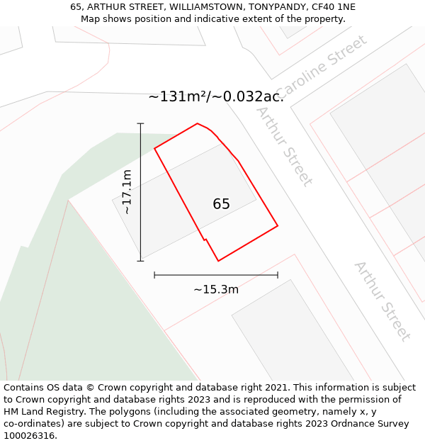 65, ARTHUR STREET, WILLIAMSTOWN, TONYPANDY, CF40 1NE: Plot and title map