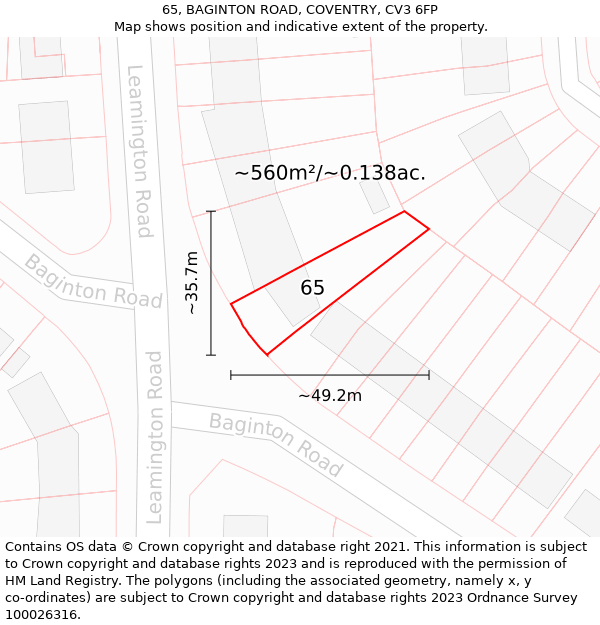 65, BAGINTON ROAD, COVENTRY, CV3 6FP: Plot and title map