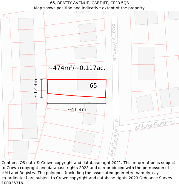 65, BEATTY AVENUE, CARDIFF, CF23 5QS: Plot and title map