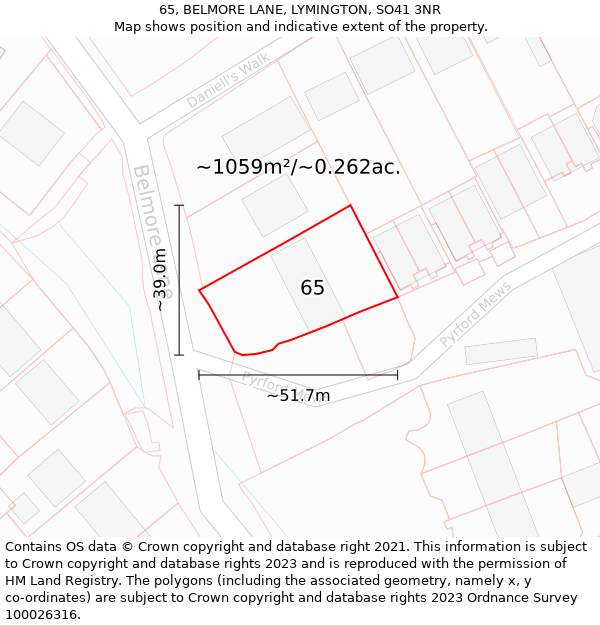 65, BELMORE LANE, LYMINGTON, SO41 3NR: Plot and title map