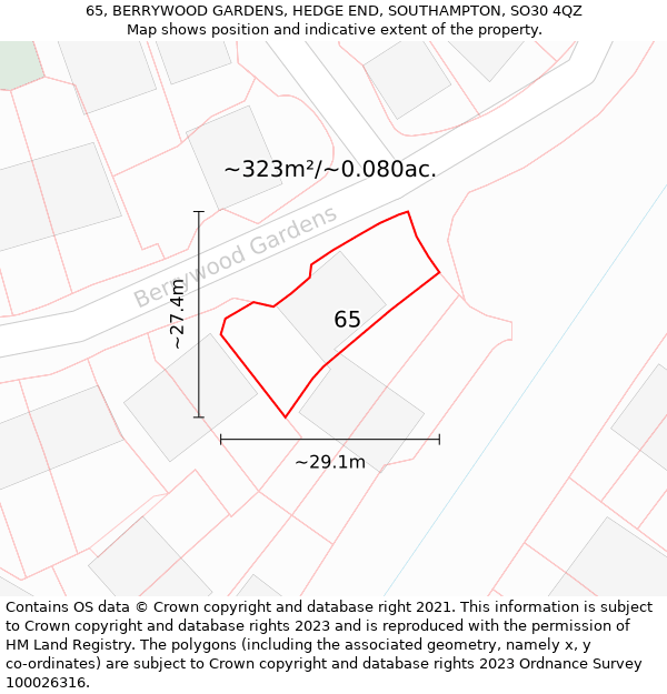 65, BERRYWOOD GARDENS, HEDGE END, SOUTHAMPTON, SO30 4QZ: Plot and title map