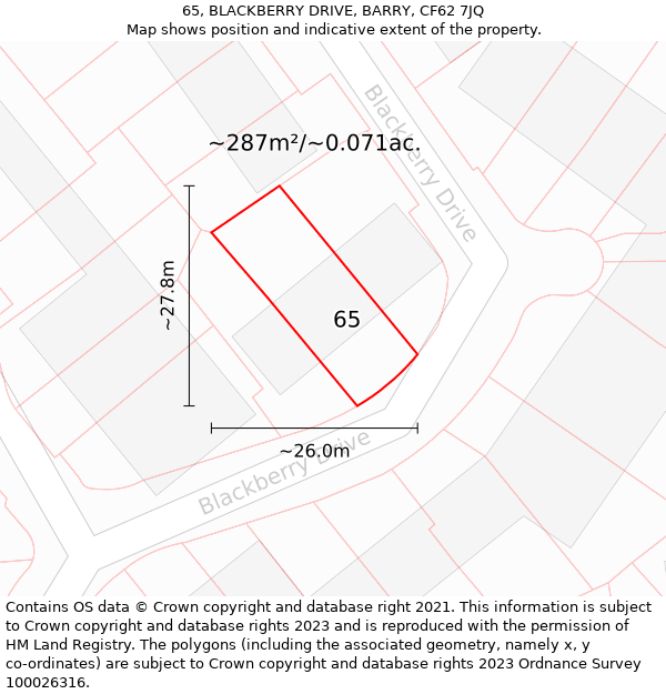 65, BLACKBERRY DRIVE, BARRY, CF62 7JQ: Plot and title map