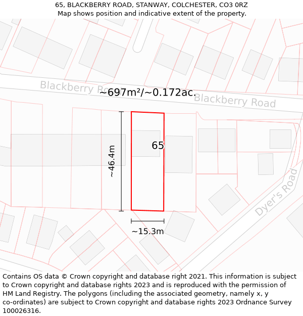 65, BLACKBERRY ROAD, STANWAY, COLCHESTER, CO3 0RZ: Plot and title map