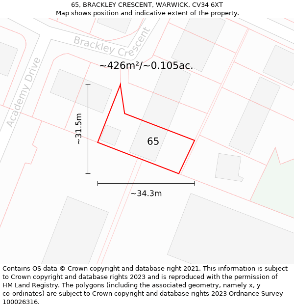 65, BRACKLEY CRESCENT, WARWICK, CV34 6XT: Plot and title map