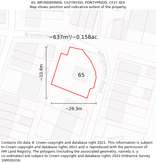 65, BRYNDERWEN, CILFYNYDD, PONTYPRIDD, CF37 4EX: Plot and title map