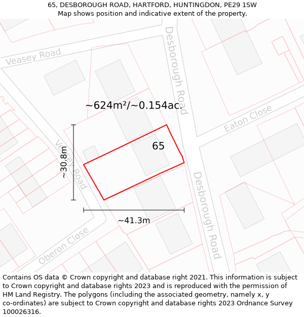 65, DESBOROUGH ROAD, HARTFORD, HUNTINGDON, PE29 1SW: Plot and title map