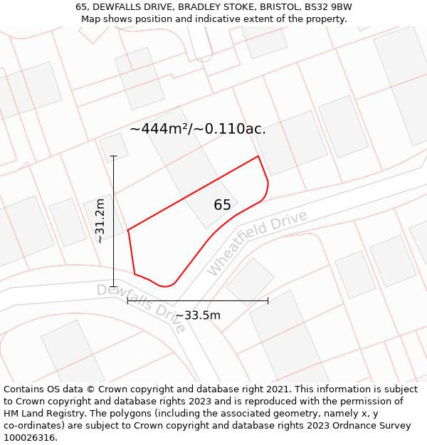 65, DEWFALLS DRIVE, BRADLEY STOKE, BRISTOL, BS32 9BW: Plot and title map