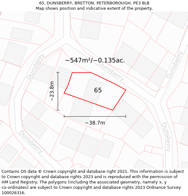 65, DUNSBERRY, BRETTON, PETERBOROUGH, PE3 8LB: Plot and title map