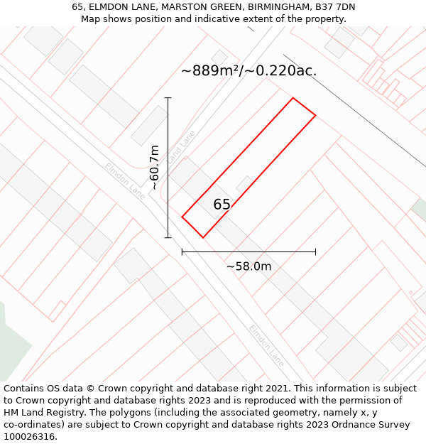 65, ELMDON LANE, MARSTON GREEN, BIRMINGHAM, B37 7DN: Plot and title map