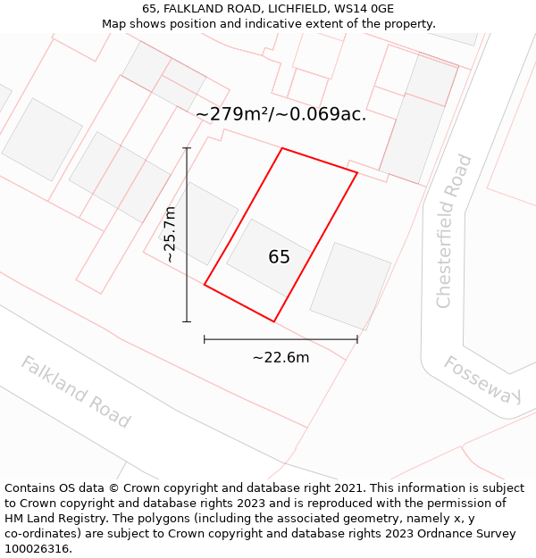 65, FALKLAND ROAD, LICHFIELD, WS14 0GE: Plot and title map