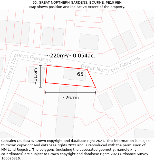 65, GREAT NORTHERN GARDENS, BOURNE, PE10 9EH: Plot and title map