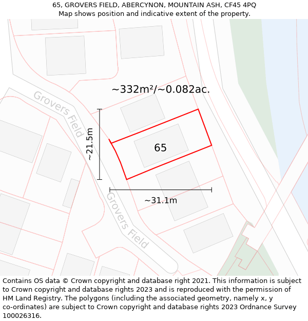 65, GROVERS FIELD, ABERCYNON, MOUNTAIN ASH, CF45 4PQ: Plot and title map