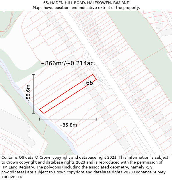 65, HADEN HILL ROAD, HALESOWEN, B63 3NF: Plot and title map