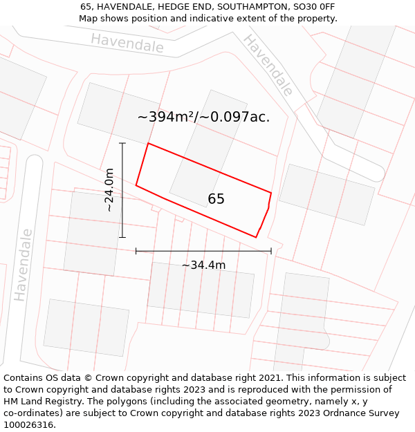 65, HAVENDALE, HEDGE END, SOUTHAMPTON, SO30 0FF: Plot and title map