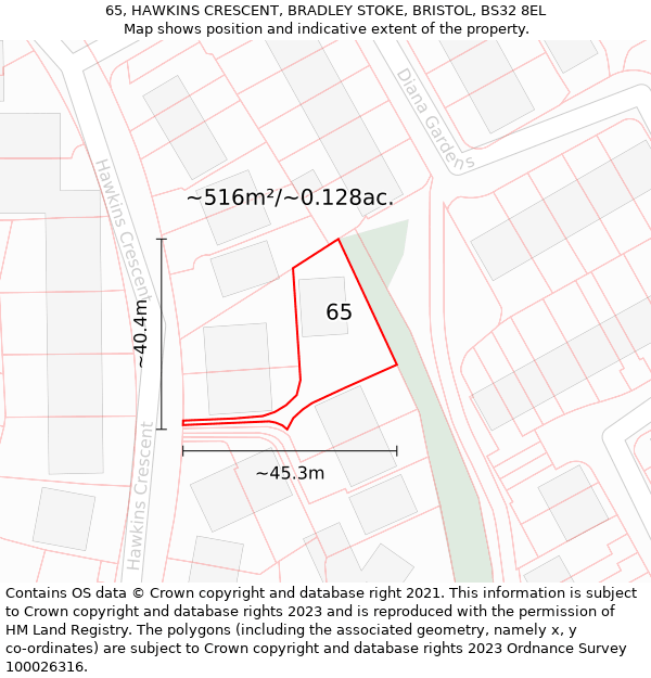 65, HAWKINS CRESCENT, BRADLEY STOKE, BRISTOL, BS32 8EL: Plot and title map