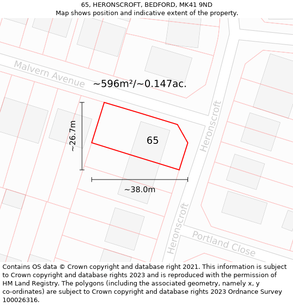 65, HERONSCROFT, BEDFORD, MK41 9ND: Plot and title map