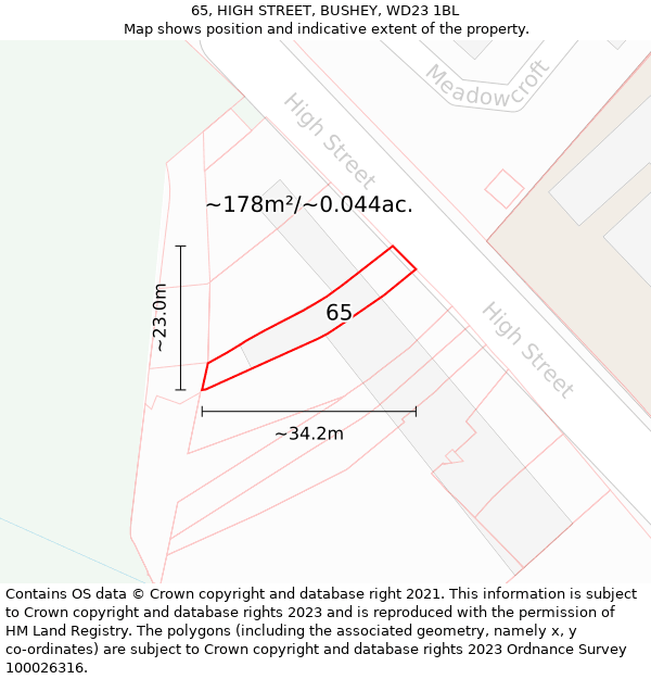 65, HIGH STREET, BUSHEY, WD23 1BL: Plot and title map