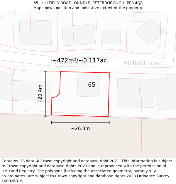 65, HILLFIELD ROAD, OUNDLE, PETERBOROUGH, PE8 4QR: Plot and title map