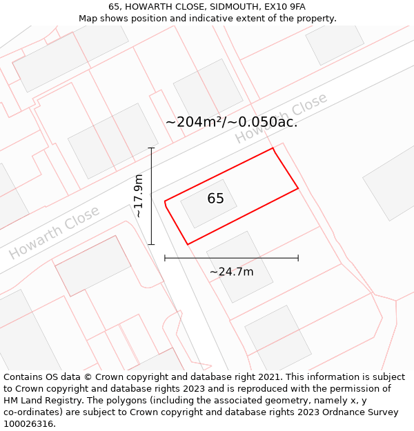 65, HOWARTH CLOSE, SIDMOUTH, EX10 9FA: Plot and title map