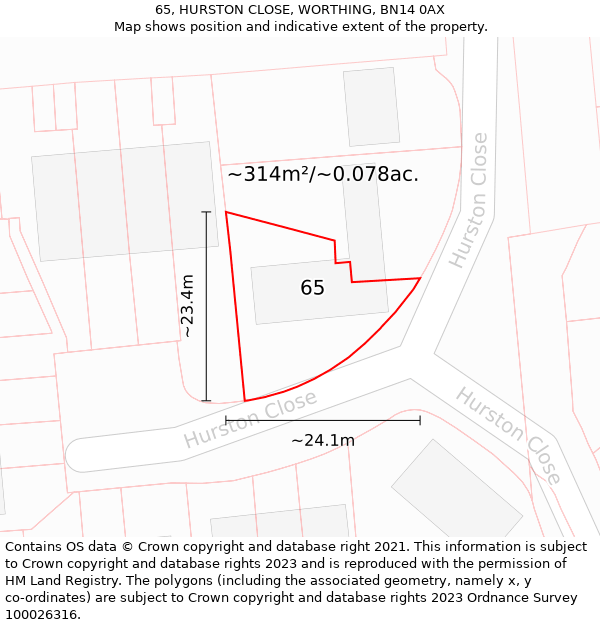 65, HURSTON CLOSE, WORTHING, BN14 0AX: Plot and title map