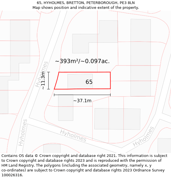 65, HYHOLMES, BRETTON, PETERBOROUGH, PE3 8LN: Plot and title map