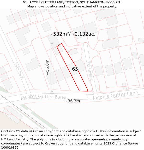 65, JACOBS GUTTER LANE, TOTTON, SOUTHAMPTON, SO40 9FU: Plot and title map