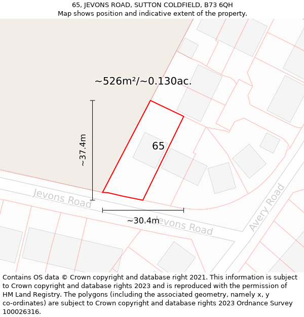 65, JEVONS ROAD, SUTTON COLDFIELD, B73 6QH: Plot and title map