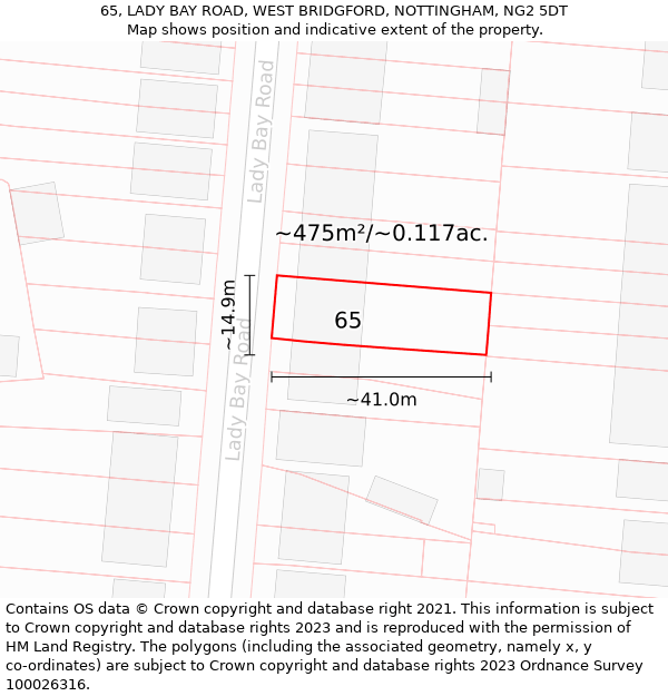 65, LADY BAY ROAD, WEST BRIDGFORD, NOTTINGHAM, NG2 5DT: Plot and title map