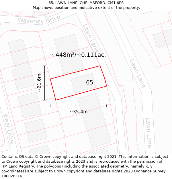 65, LAWN LANE, CHELMSFORD, CM1 6PS: Plot and title map