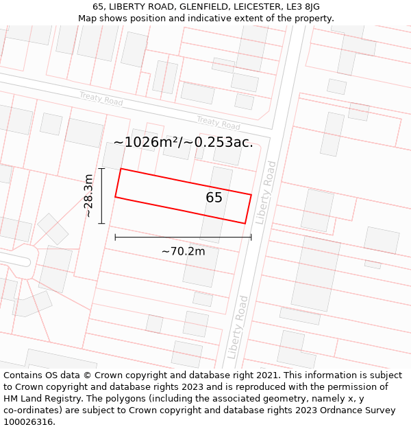 65, LIBERTY ROAD, GLENFIELD, LEICESTER, LE3 8JG: Plot and title map