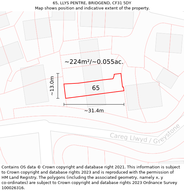 65, LLYS PENTRE, BRIDGEND, CF31 5DY: Plot and title map