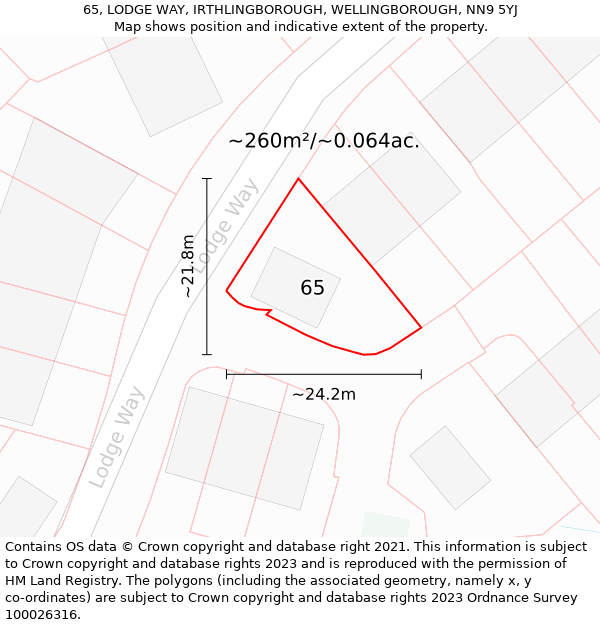 65, LODGE WAY, IRTHLINGBOROUGH, WELLINGBOROUGH, NN9 5YJ: Plot and title map