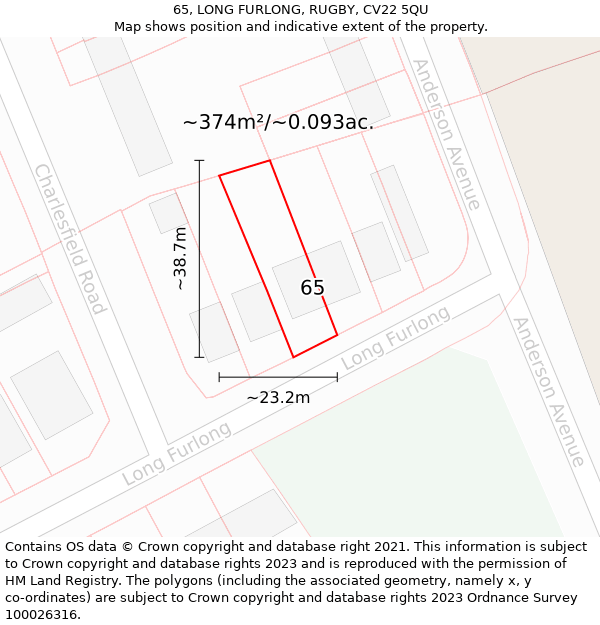 65, LONG FURLONG, RUGBY, CV22 5QU: Plot and title map