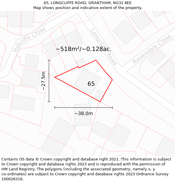 65, LONGCLIFFE ROAD, GRANTHAM, NG31 8EE: Plot and title map