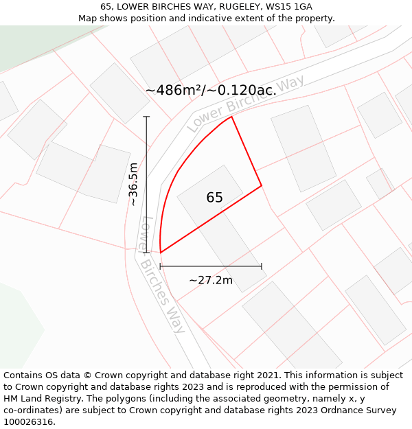 65, LOWER BIRCHES WAY, RUGELEY, WS15 1GA: Plot and title map